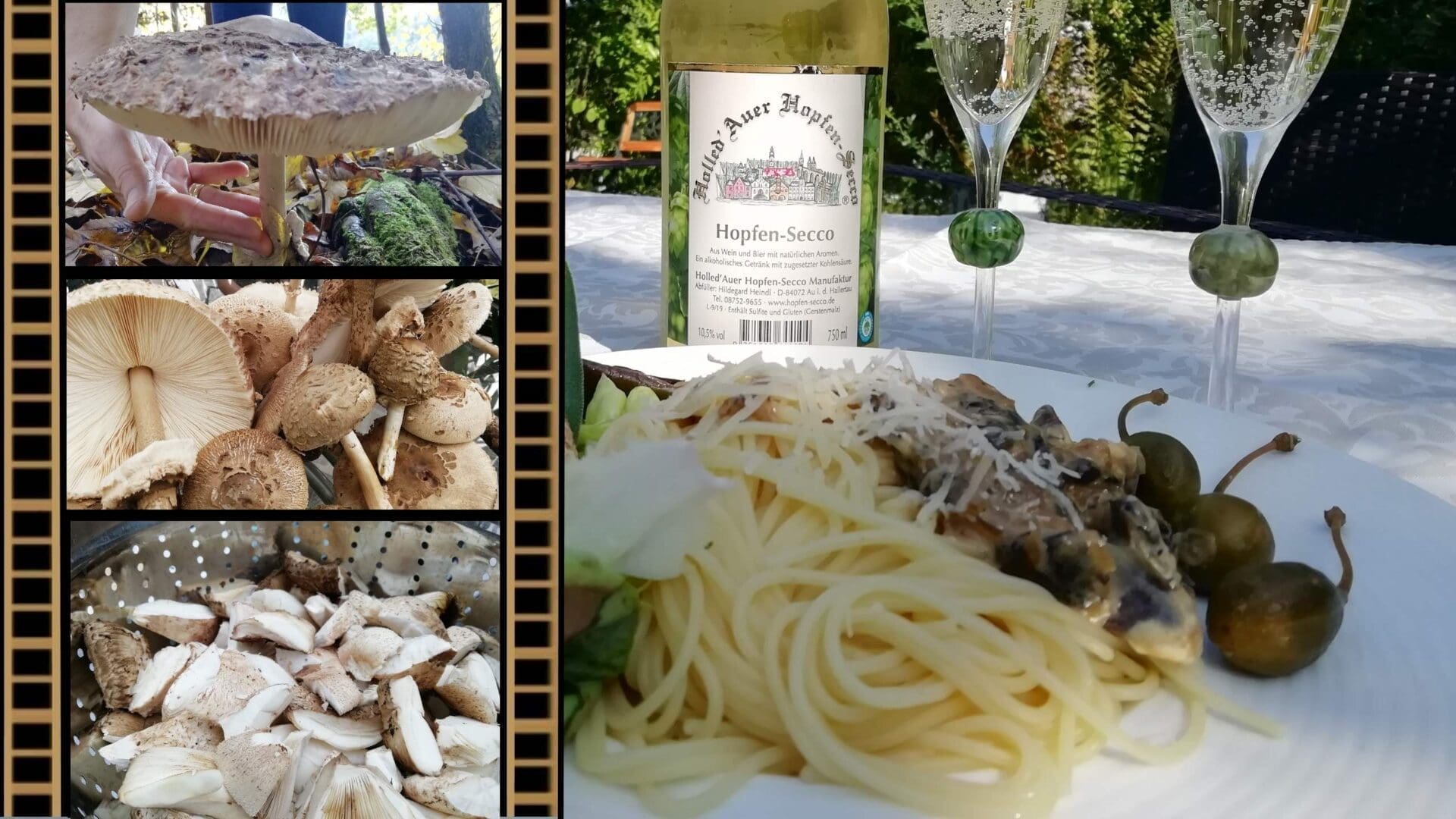 Parasol mit Nudeln und Hopfen-Secco